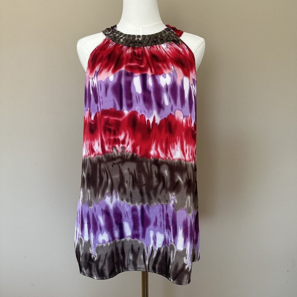 Satin Tie Dye Tank Top Women M Fred David Purple Red Bronze Dressy Grecian